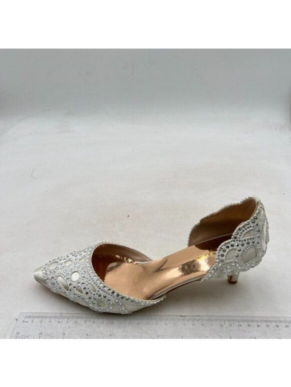 XYD Beige Pointed Toe D'Orsay Kitten Heel Rhinestone Studs Slip-On Satin Pump